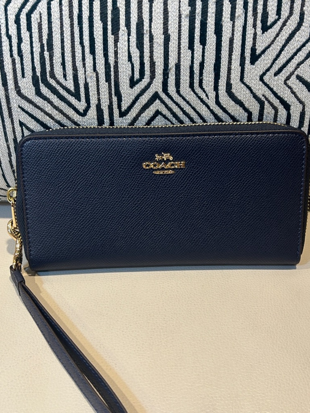 Coach Navy Crossgrain Leather Zip Wristlet with Gold Hardware
